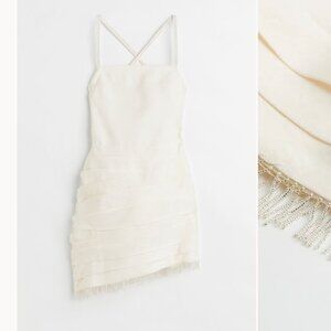 H&M Linen Beaded Fringed Elastic Shoulder Straps Asymmetrical Hem Open Back Sz L